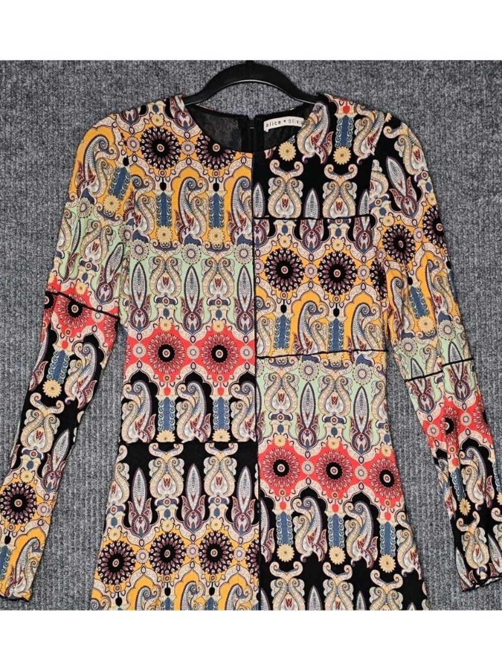 ALICE + OLIVIA sz 8 Delora Paneled Flare Mini Dress Patchwork boho tribal - Picture 2 of 8